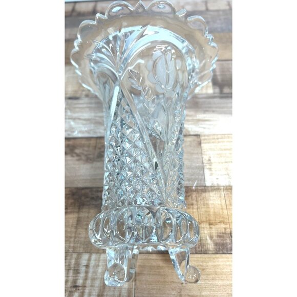 Vintage Lead Crystal Vase With Floral Etching & Scalloped Rim, Sawtooth - Picture 4 of 4